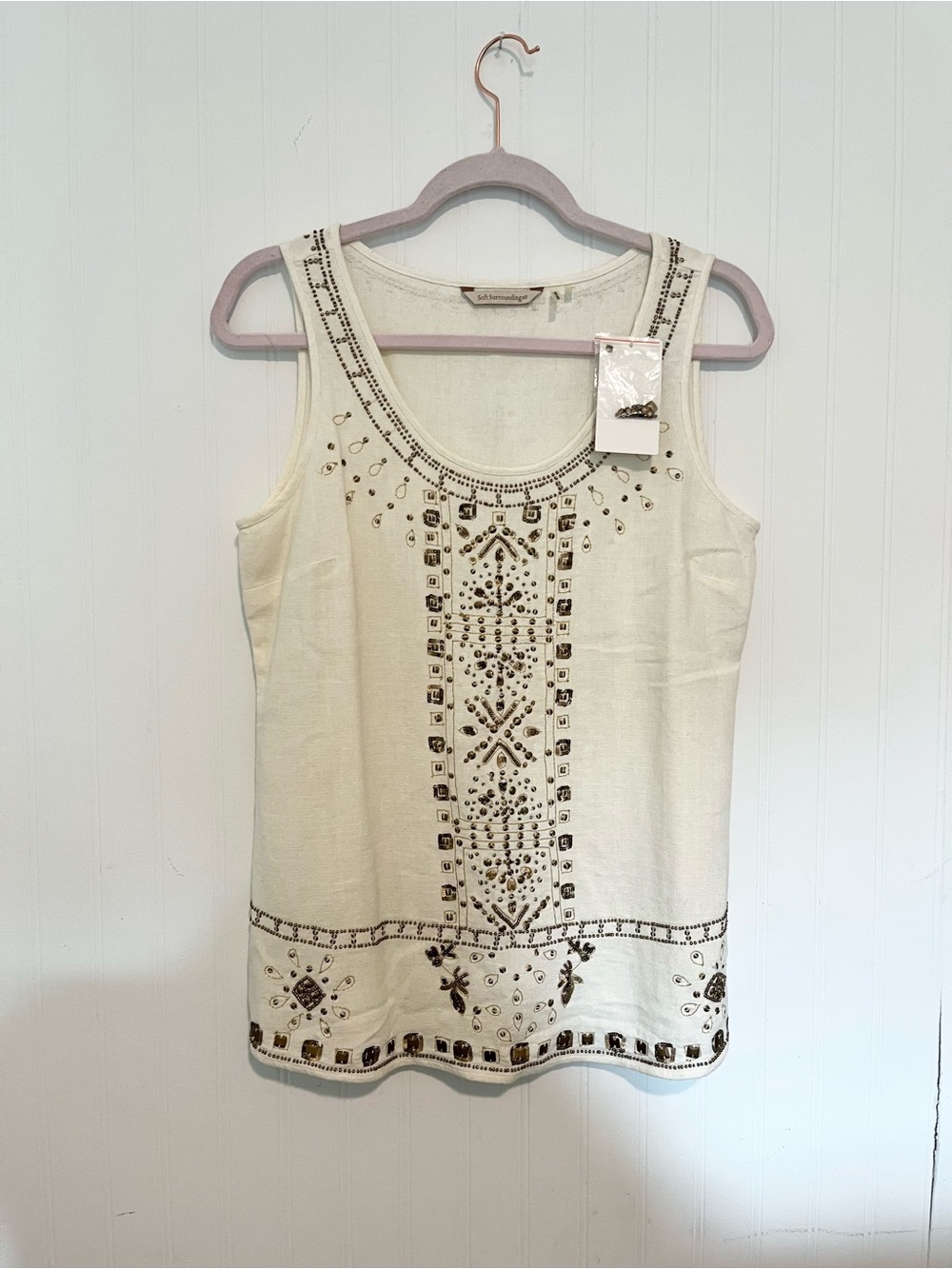 Soft Surroundings Cream Tank with Brown Beaded Embroidery XS